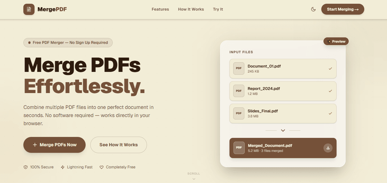 PDF Merger web app built by Zyverra Labs